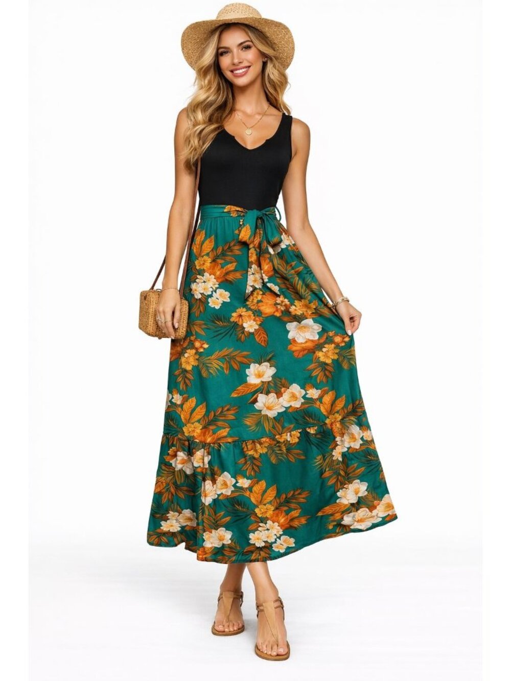 Women’s Floral Maxi Dress Size Large Black Top Teal Boho Summer
